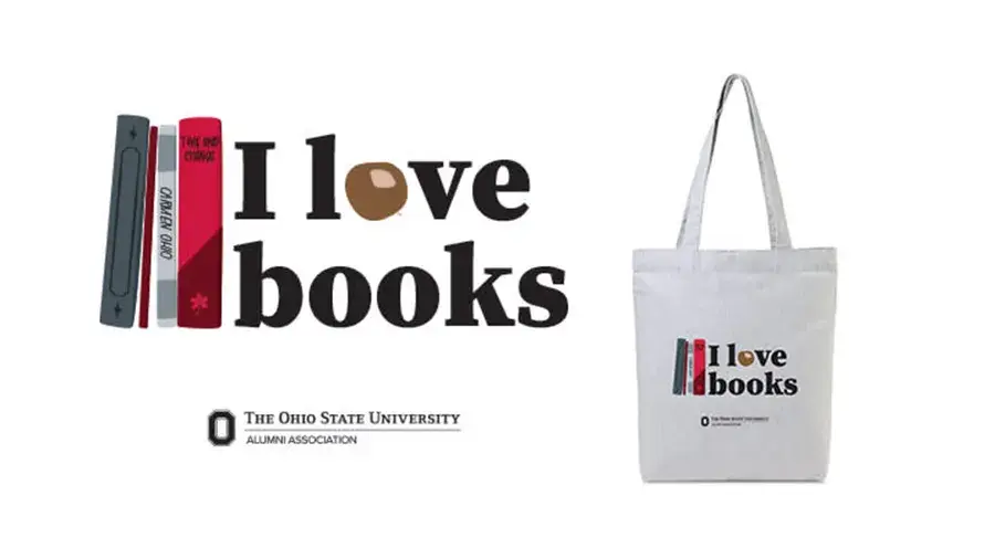 I Love Books graphic with the I Love Books tote bag