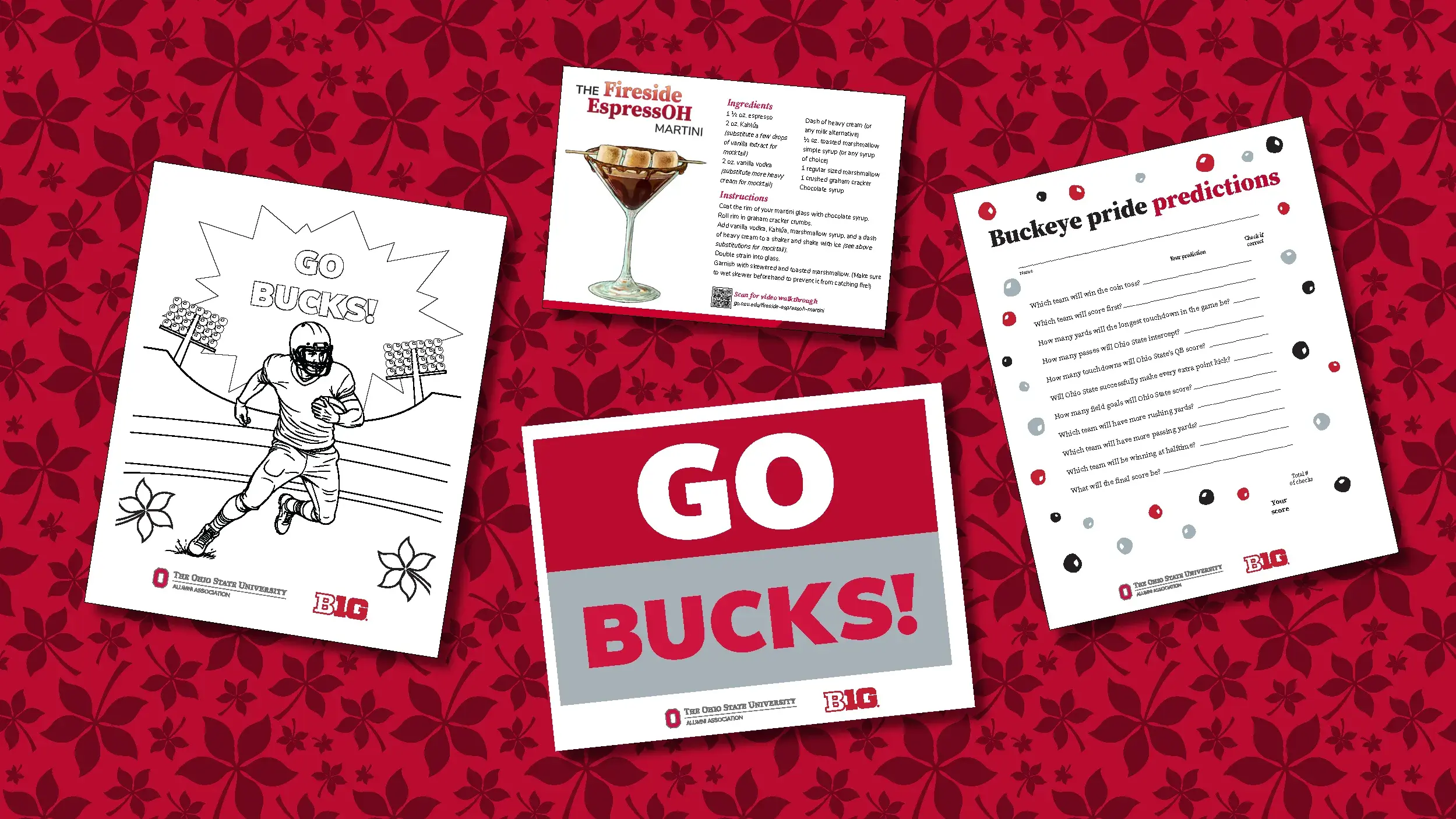 A collage of four Ohio State themed digital downloads on a red background with a repeating Buckeye leaf pattern.