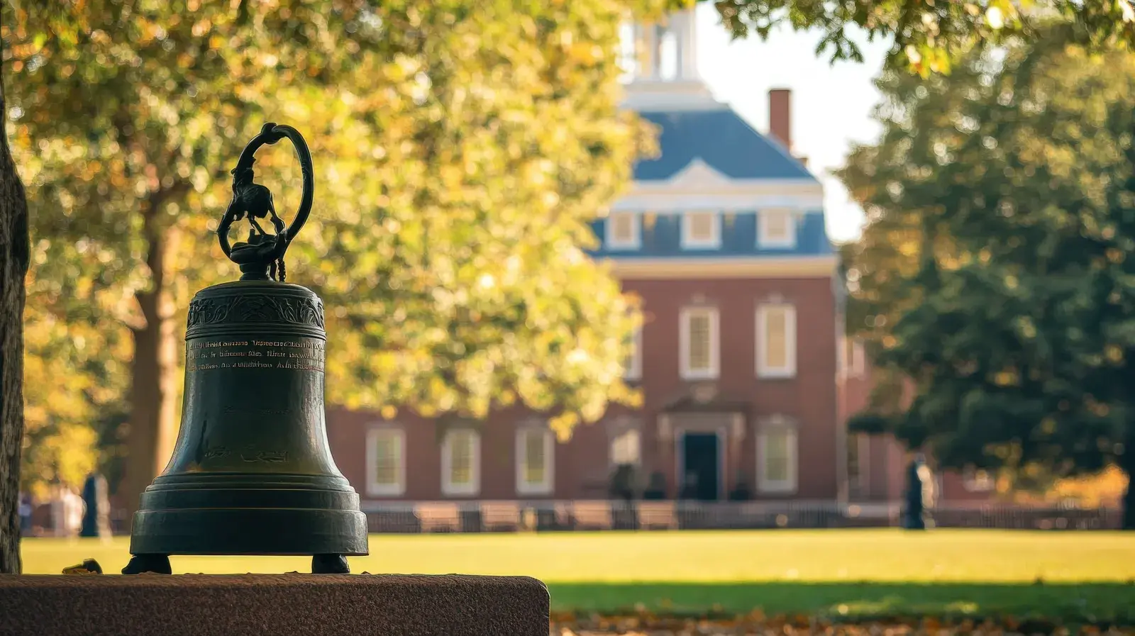 Ornate bell in Virginia with historic building in background