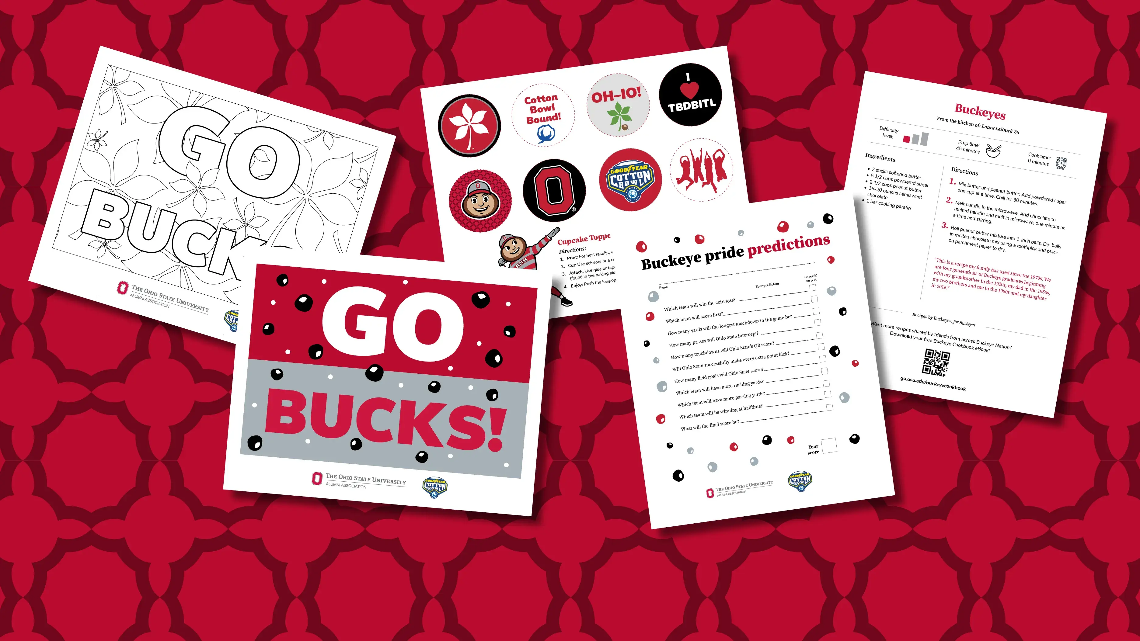 Collage of five Ohio State Buckeyes–themed activity sheets on a red patterned background, including “Go Bucks!” pages, stickers, and prediction worksheets.