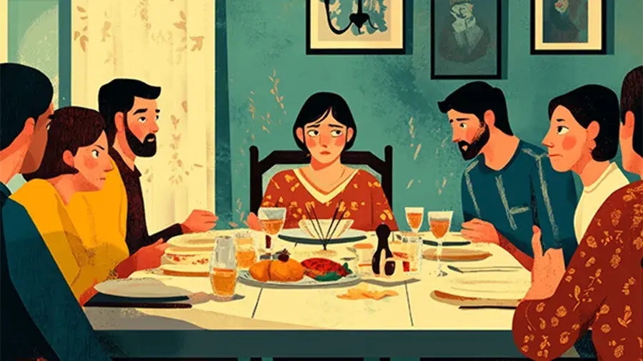 Illustration of family sitting around dinner table.
