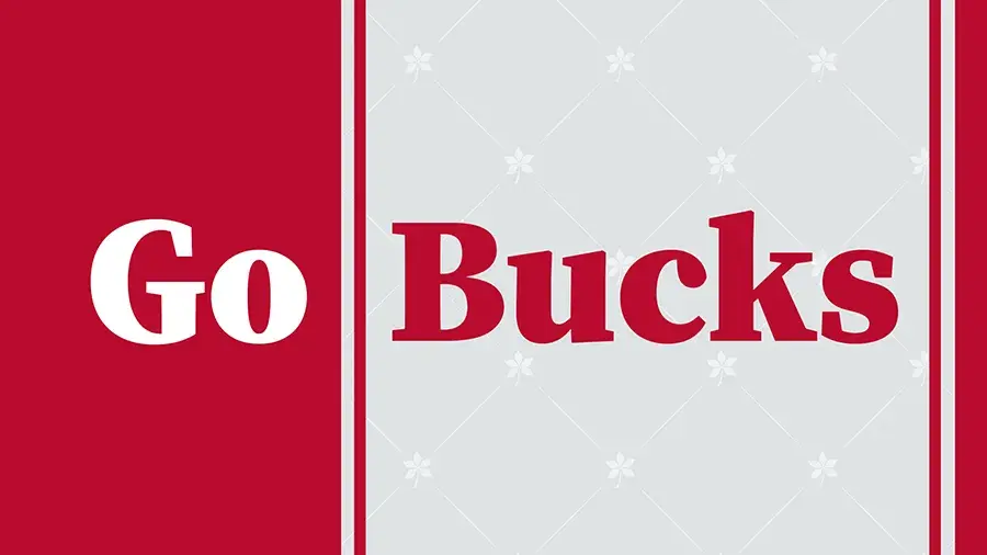 Go Bucks illustration on a scarlet and gray background