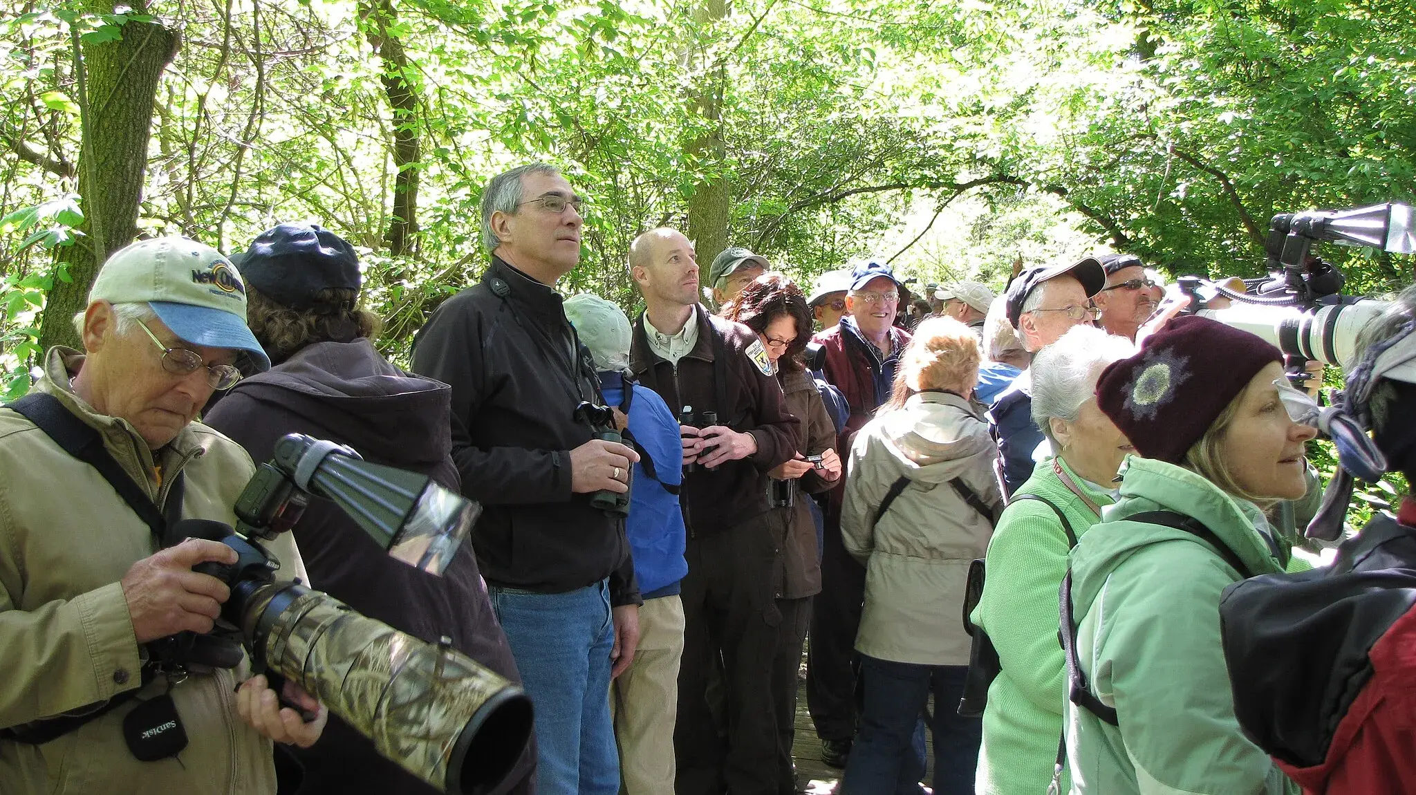 members of the ohio state retirees society at magee march looking at birds in the trees 