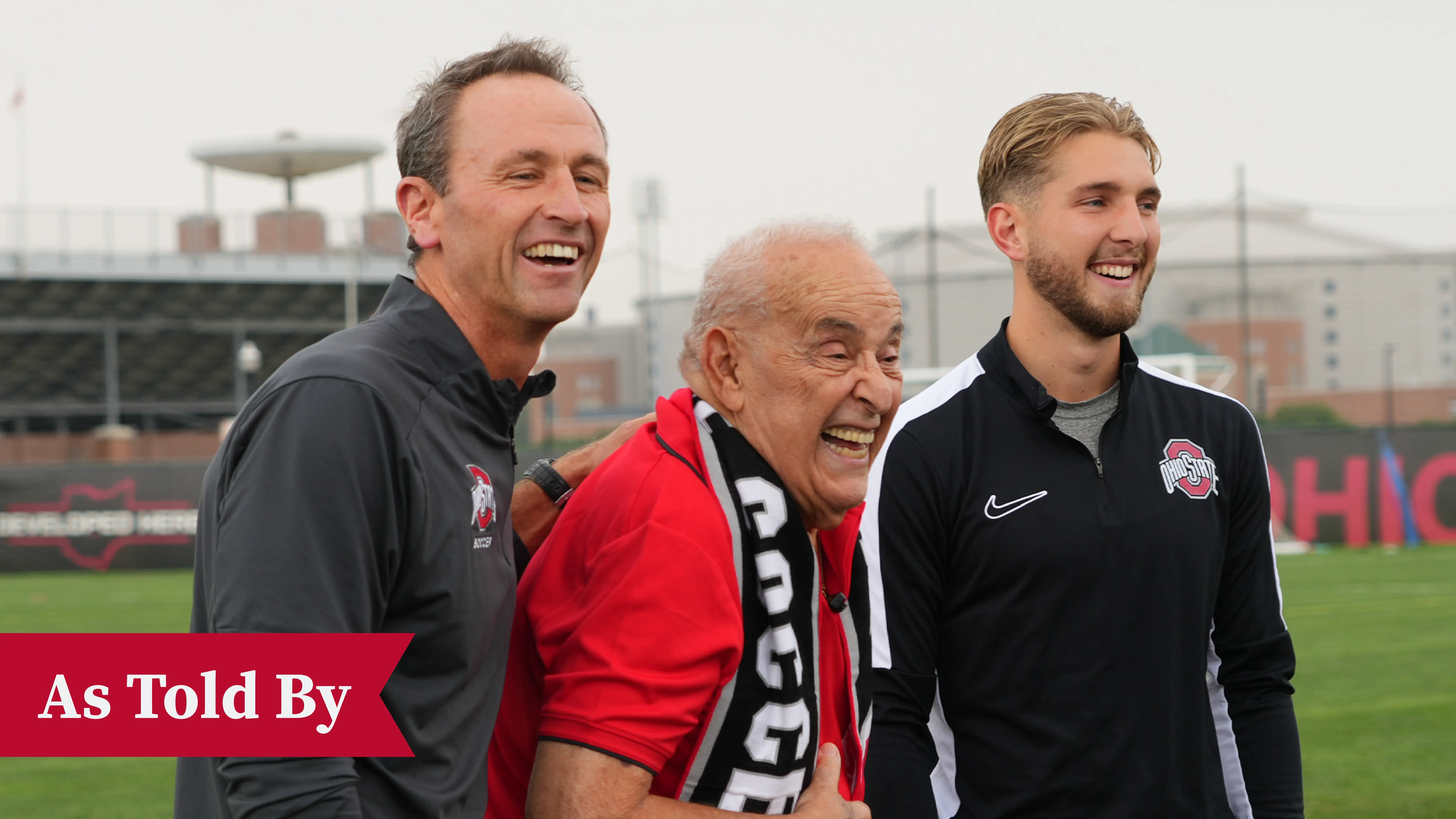 Three individuals standing on an Ohio State soccer field with As Told By text in the bottom left corner.