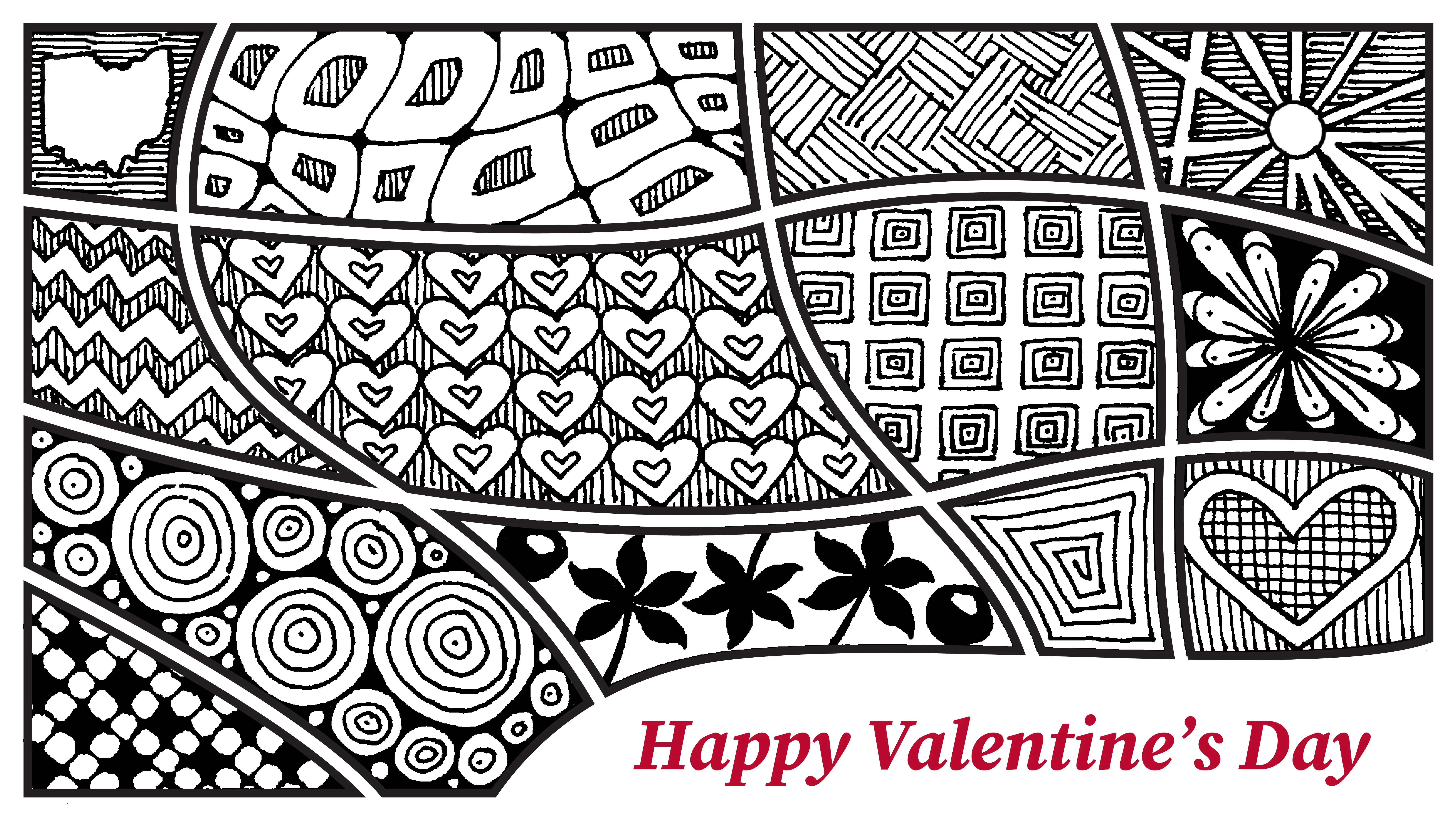 Happy Valentines Day card with black and white illustration.
