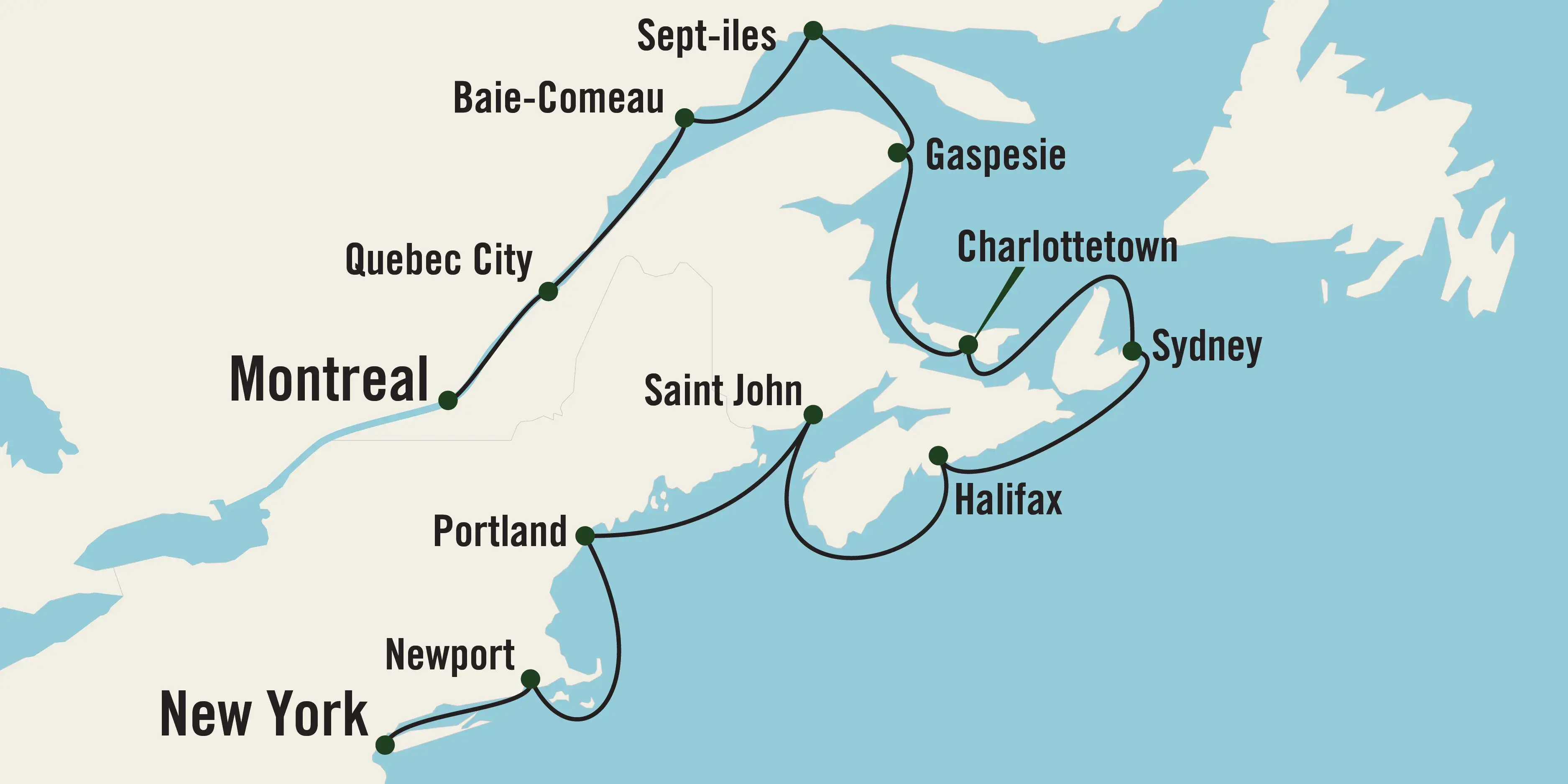Map of North American Neighbors - Colors of Canada and New England tour route