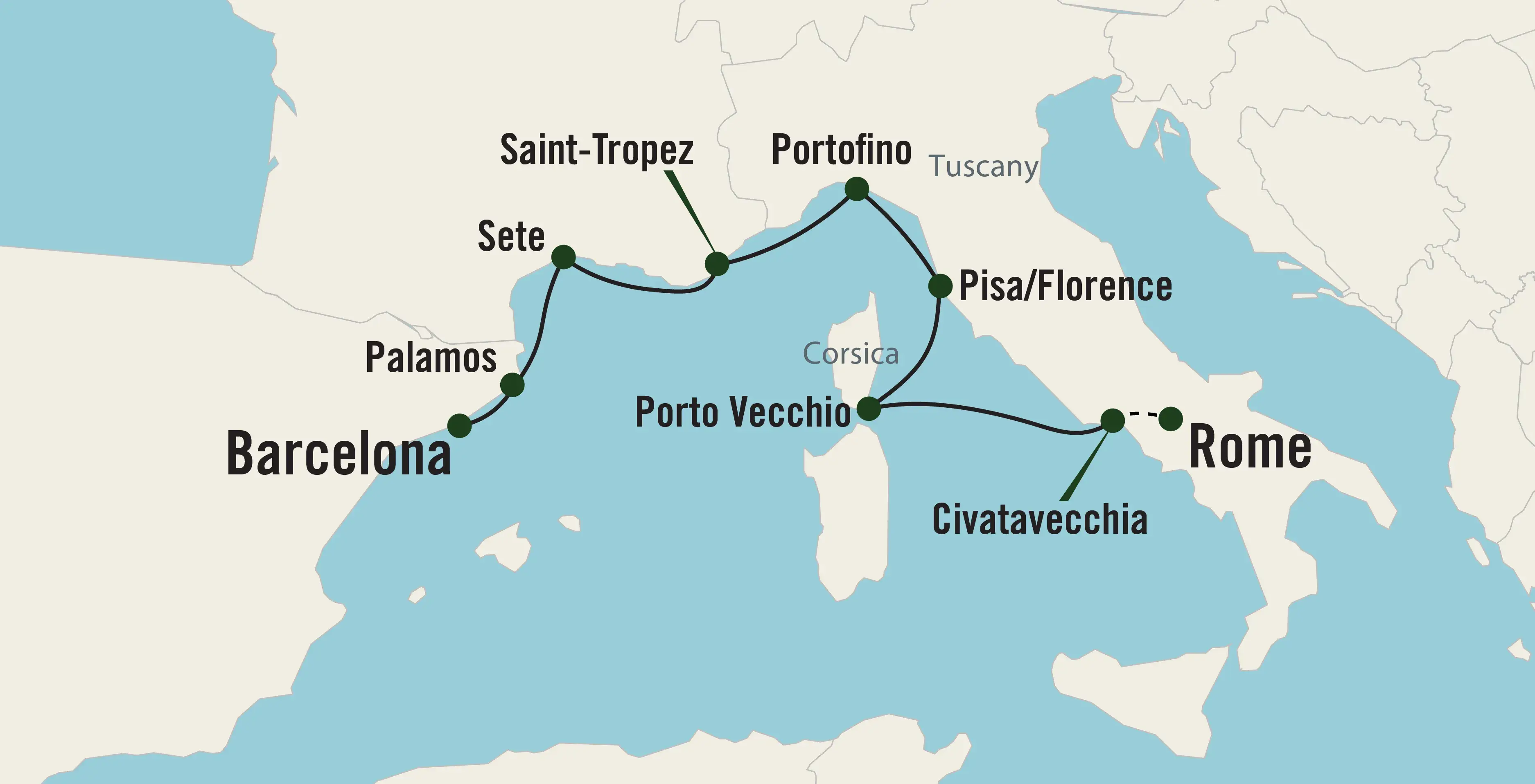 Map of the Spellbinding Rivieras of the Mediterranean tour route