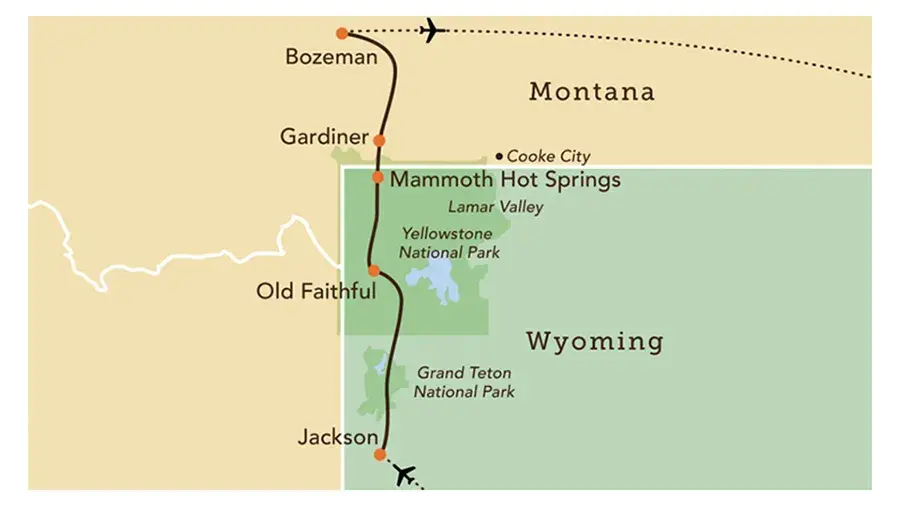 Map of Wolves and Wildlife tour in Montana and Wyoming.