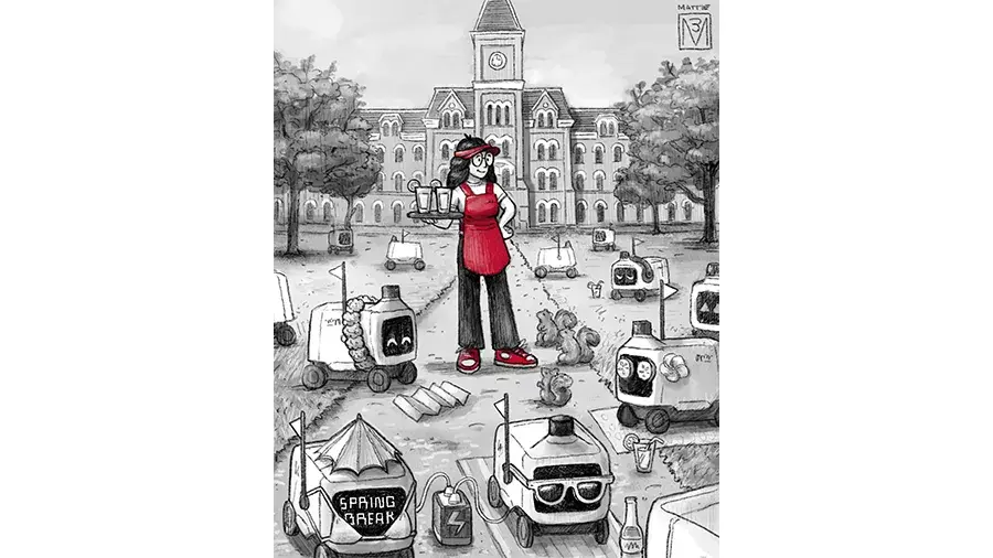 An illustrated campus scene shows a person in a red apron holding drinks while surrounded by small delivery robots rolling across a walkway in front of a large university building.