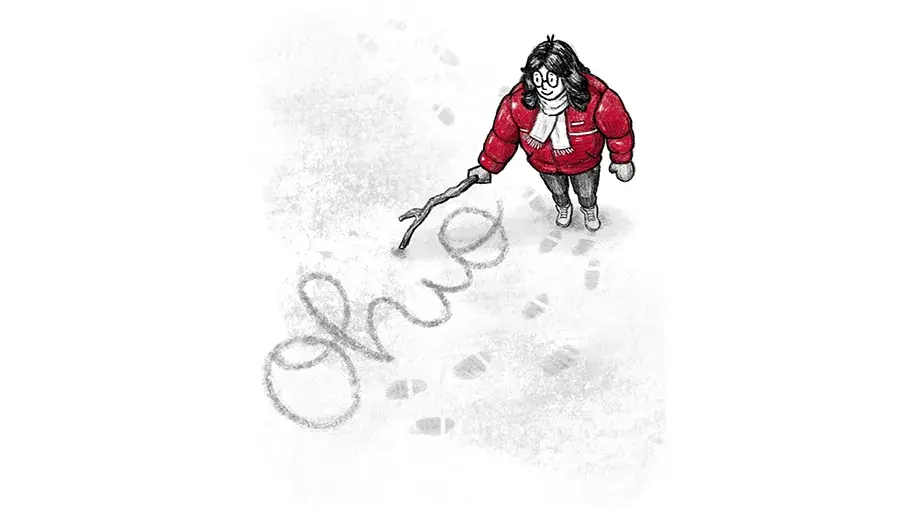 An illustration of a person in a red winter coat writing the word ‘Ohio’ in the snow with a stick, leaving a trail of footprints behind them.