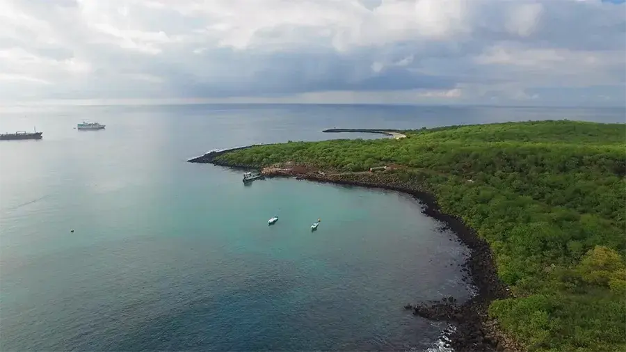 A small, calm bay with clear blue water, surrounded by a green, rocky coastline, with a few boats anchored near the shore and larger ships in the distance.