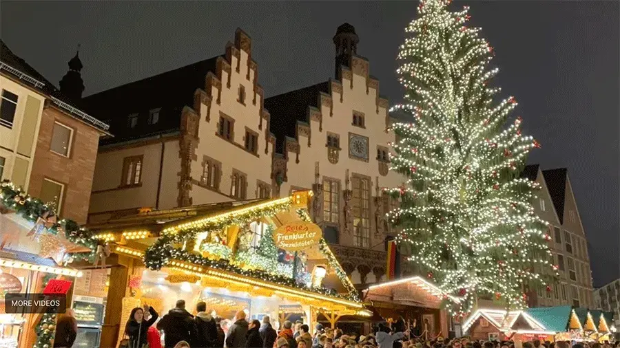 Holiday Market at night lit up with lights