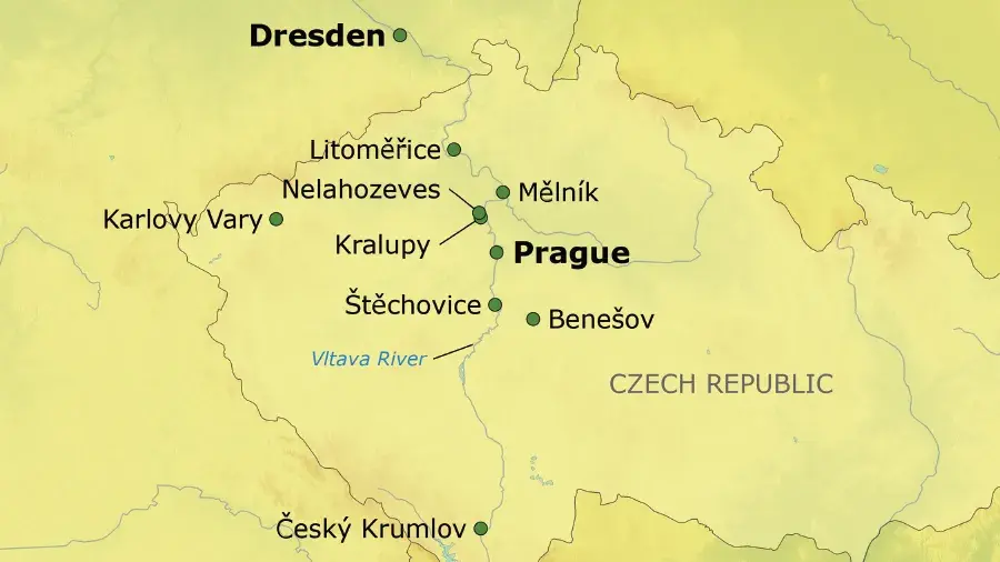 A map of the Czech Republic showing major cities, towns, and the Vltava River, with Prague marked near the center.