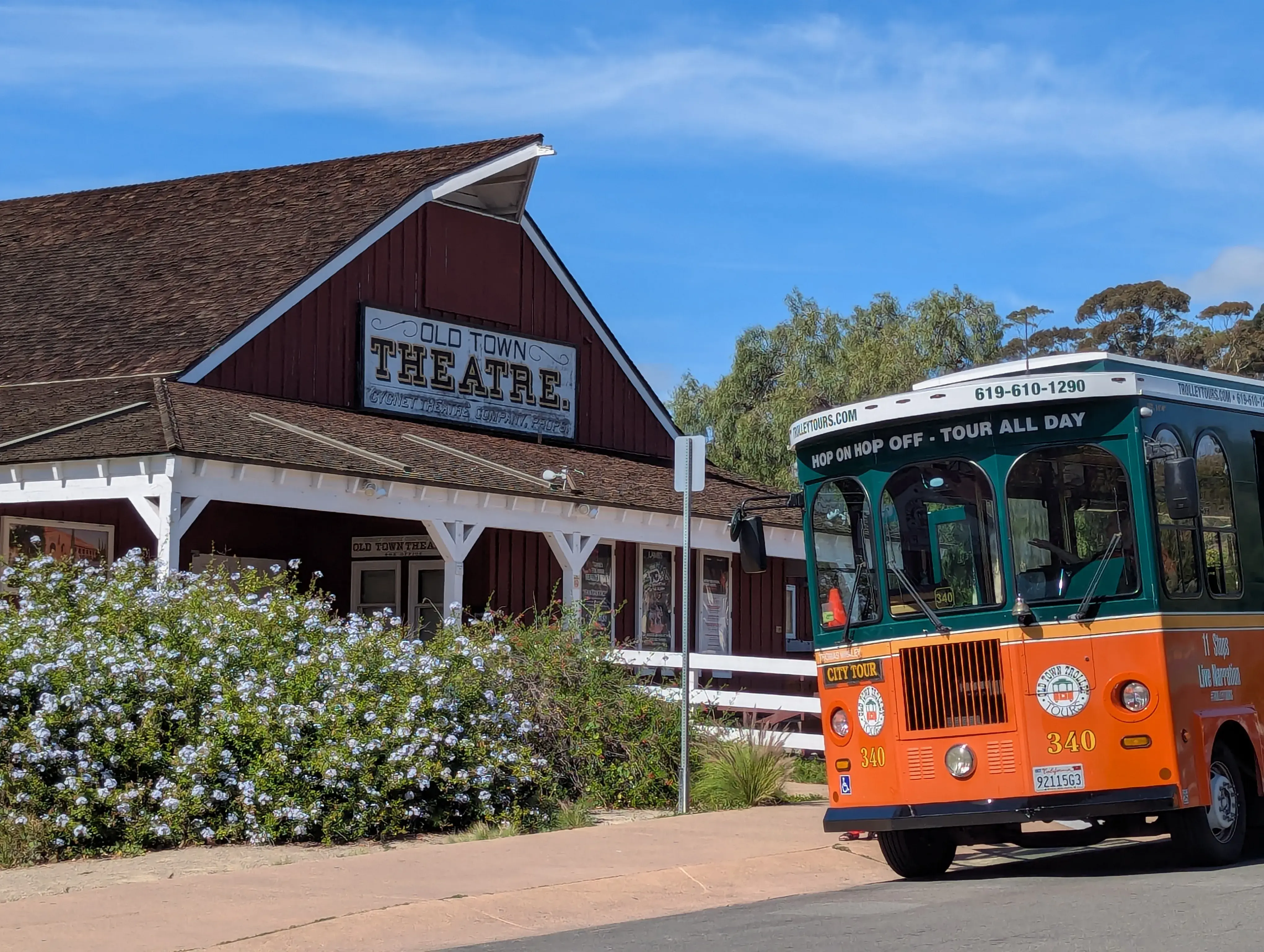 old town theatre with bus in front of entrance