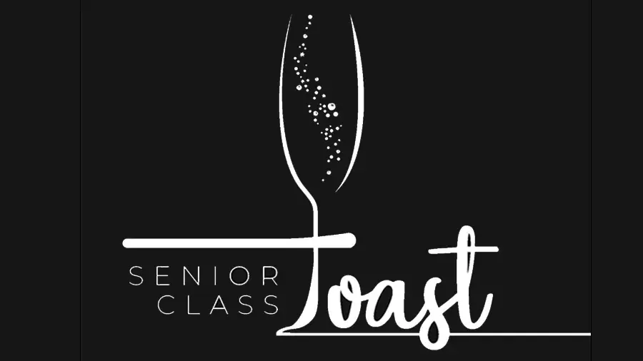 Black graphic with a white outline of a champagne flute filled with bubbles, forming the ‘T’ in the words ‘Senior Class Toast.