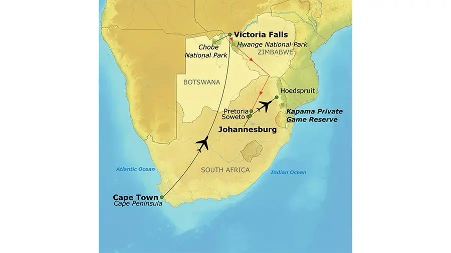 Map of the South Africa tour route