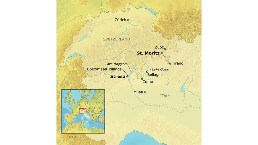Map of the Swiss Alps and Italian Lakes tour route