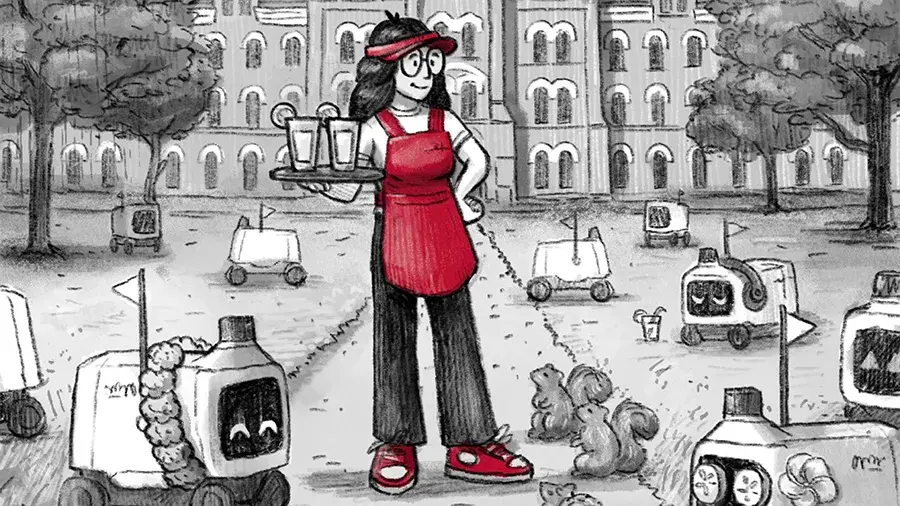 A comic-style illustration of a server in a red apron holding a tray of drinks on a college campus, surrounded by small delivery robots and squirrels, with buildings and trees in the background.