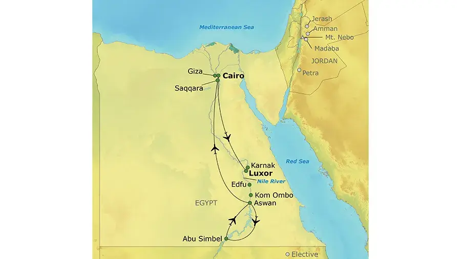 Map of Egypt showing the Nile River and a travel route, with labeled locations including Cairo, Giza, Saqqara, Luxor, Karnak, Edfu, Kom Ombo, Aswan, and Abu Simbel, plus nearby areas like the Red Sea, Mediterranean Sea, and Jordan.