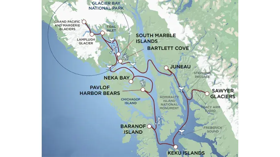 A map showing coastal southeast Alaska with labeled waterways, islands, and towns, including Juneau, Glacier Bay, Skagway, Haines, Sitka, and surrounding fjords and channels.