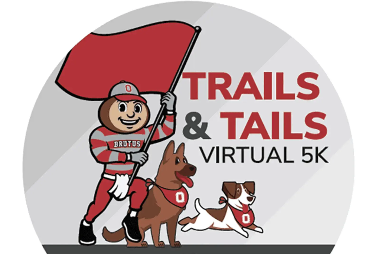 trails and tails virtual 5k logo with Brutus the Buckeye and two dogs