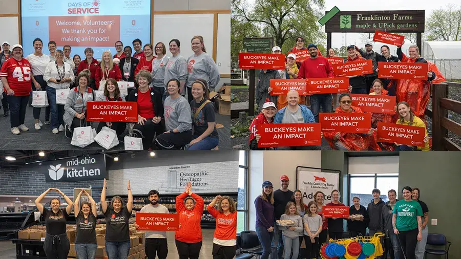 Four photos showing groups of volunteers at different service locations holding red signs that read ‘Buckeyes Make an Impact.’ Locations include an indoor volunteer event, a farm entrance, a food bank kitchen, and a community center.