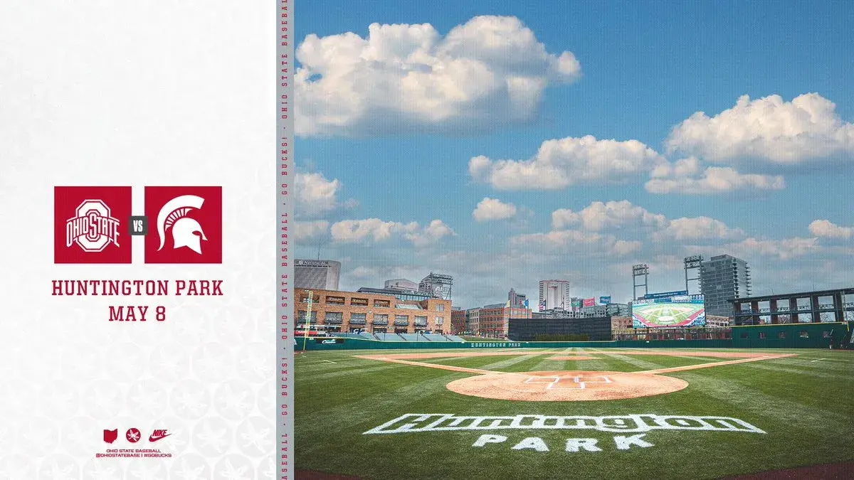 Promotional graphic for an Ohio State vs. Michigan State baseball game at Huntington Park on May 8, showing an empty baseball field with the Columbus skyline and team logos and text on the left.