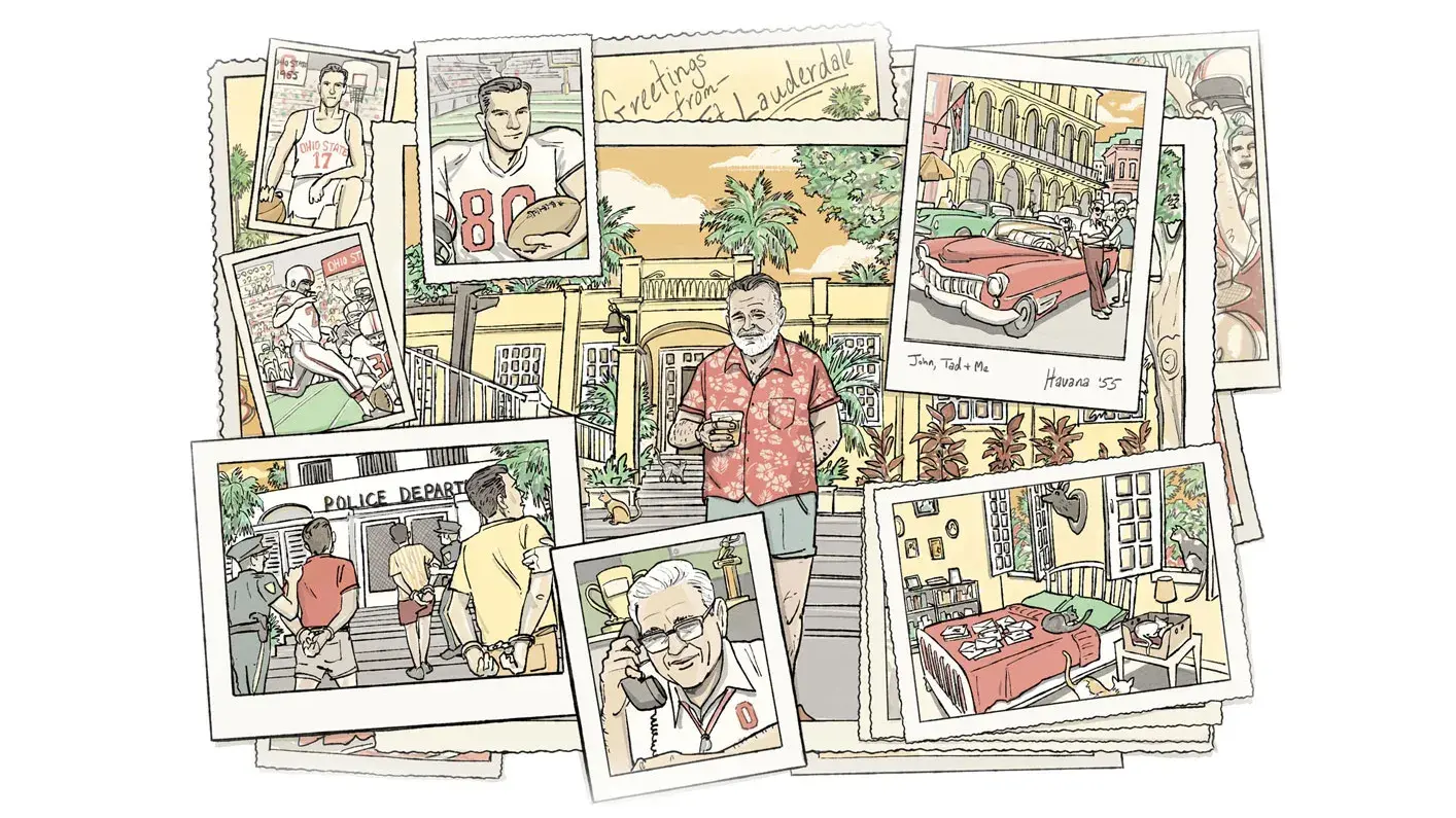 An illustrated collection of old photos shows a 1960s car, Ernest Hemingway holding a drink on his front steps, Ohio State athletes and three young men in handcuffs going into a police station.