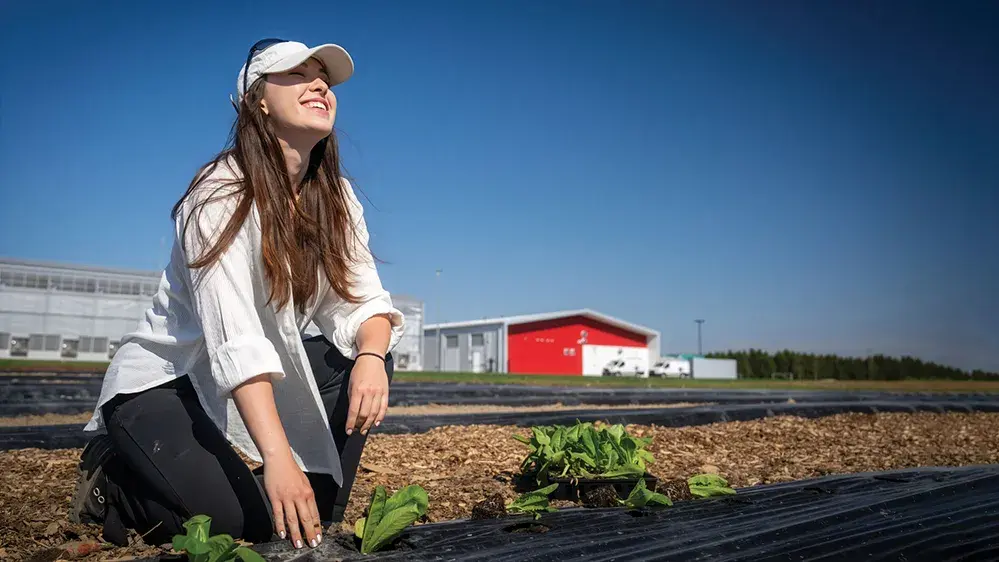 A young woman with long hair and wearing a baseball cap crouches in a field as she plants lettuce. She has her face turned up toward the sky, smiling as she feels the sunlight on her skin.