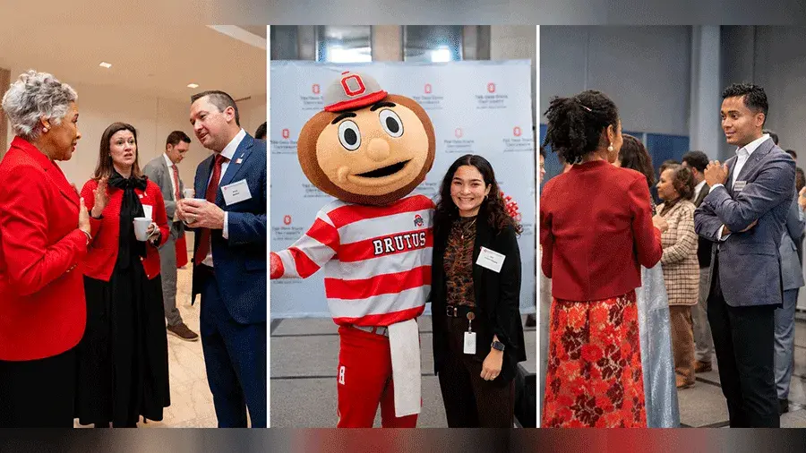Three side-by-side photos from an indoor networking event. Attendees stand and talk in small groups, wearing business or business-casual clothing.