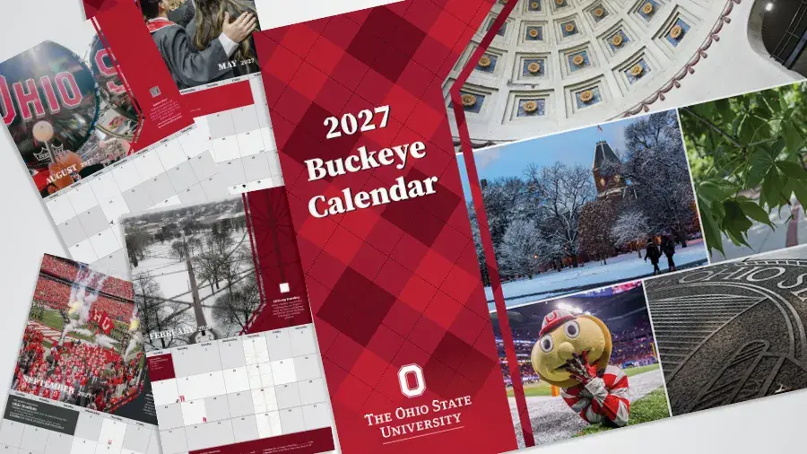 Cover and interior pages of a “2027 Buckeye Calendar” from The Ohio State University displayed in a collage.