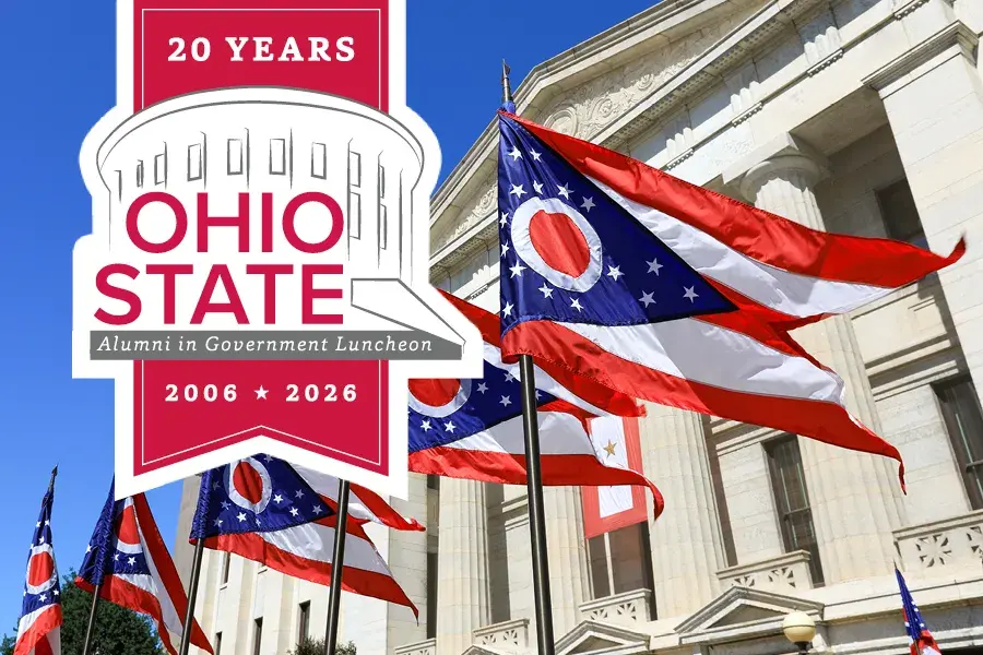 Ohio State Alumni in Government Luncheon 20th anniversary graphic (2006-2026) with Ohio flags in front of a government building.