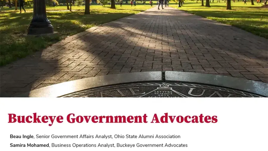 Buckeye Government Advocates webpage with a campus walkway photo and listings for Beau Ingle and Samira Mohamed.