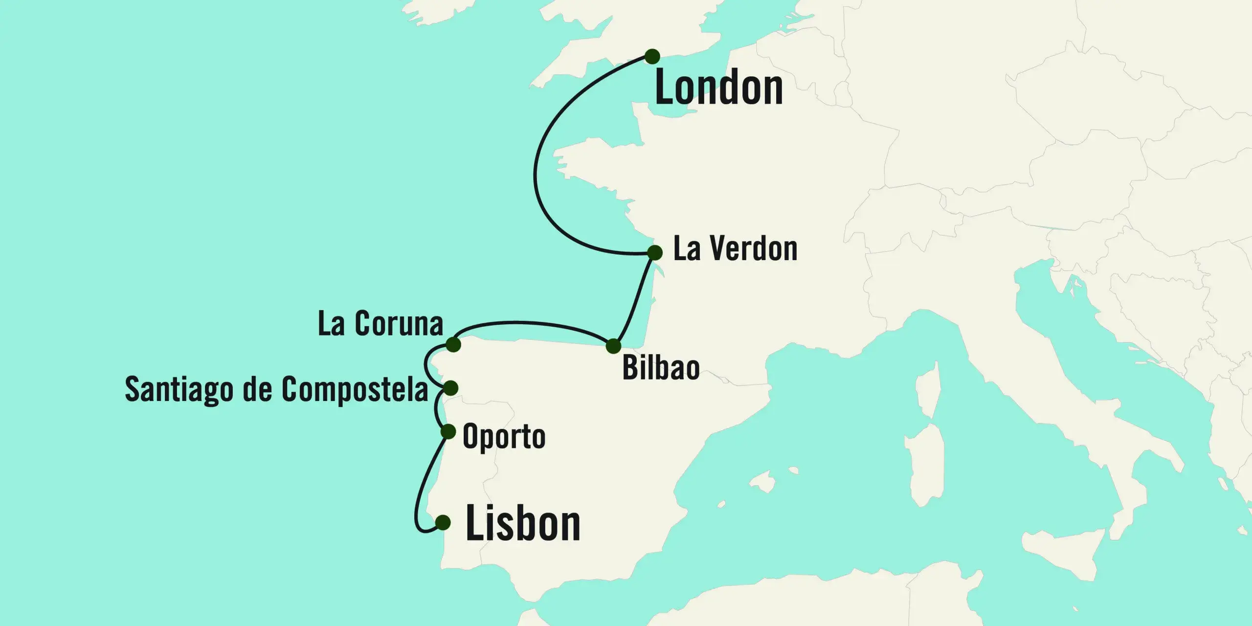 Cruise map starting in London and going along the coast to Lisbon