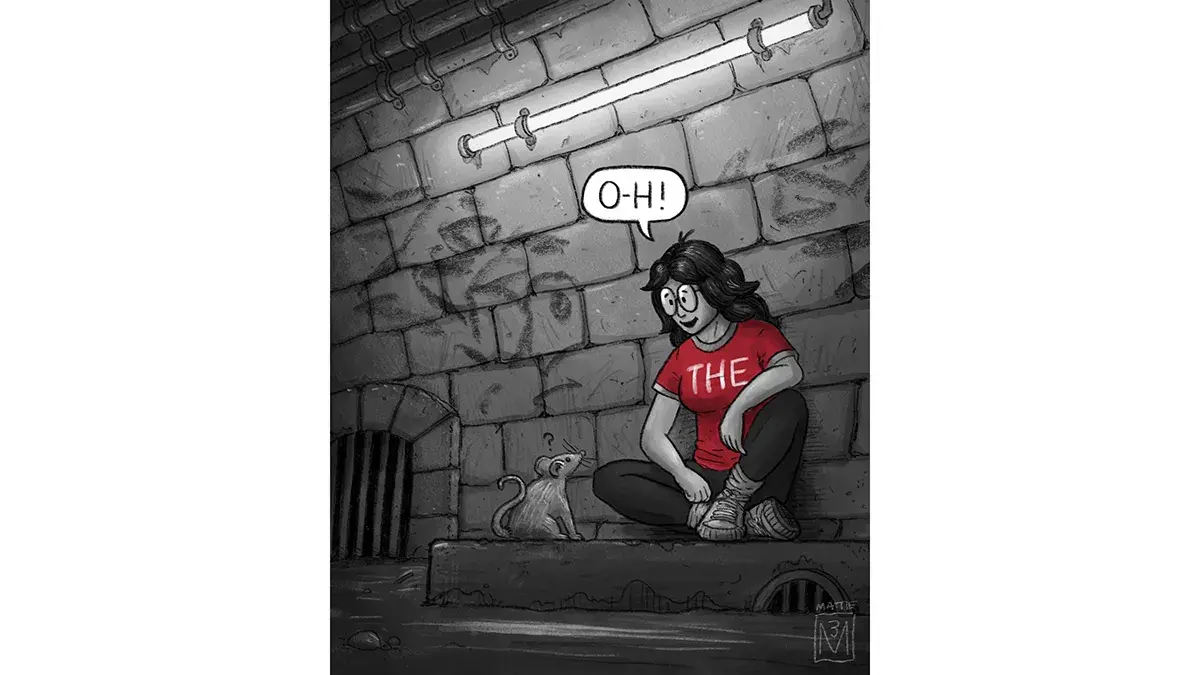 Cartoon of a person in a red “THE” shirt crouching in a sewer tunnel, saying “O-H!” to a rat. The scene is mostly gray, with the shirt highlighted in red.