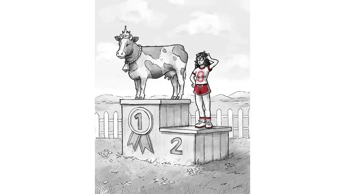 Cartoon of a cow standing on the first-place podium while a person in Ohio State-themed clothing stands on the second-place platform, looking up at the cow. The scene humorously suggests the cow has won a competition over the Ohio State fan.