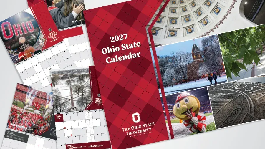 2027 Ohio State calendar cover surrounded by campus photos, calendar pages, and Ohio State branding in scarlet and gray.