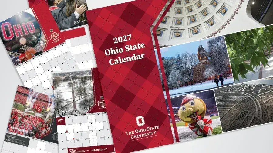 2027 Ohio State calendar cover surrounded by campus photos, calendar pages, and Ohio State branding in scarlet and gray.