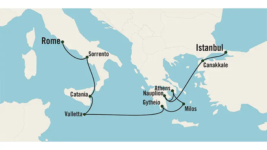 Map of the Eastbound Mediterranean Adventure tour route