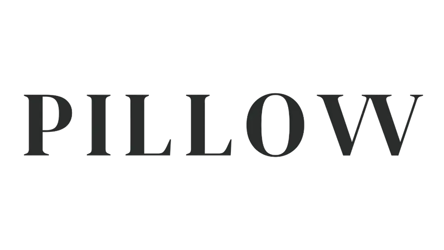 Stylized 'PILLOW' logo in dark gray serif letters on a light gray background.