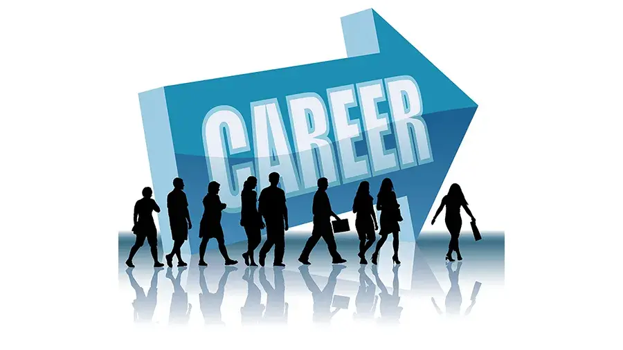 A large blue arrow labeled “CAREER” points to the right above silhouettes of people walking in the same direction.