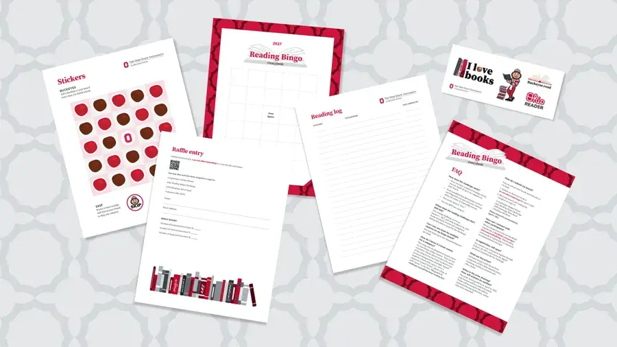 Reading challenge materials, including a bingo card, reading log, FAQ sheet, raffle entry form, stickers and bookmark.