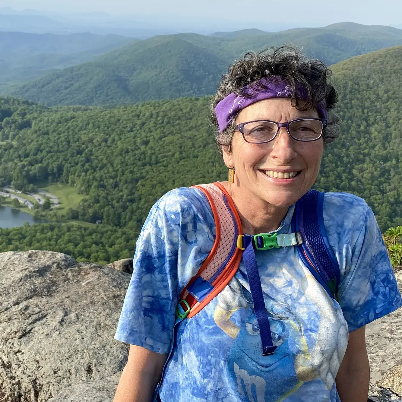 woman wearing a tie-dye t-shirt