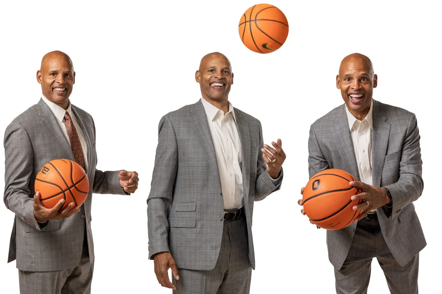 Clark Kellogg grins as he poses with a basketball in three panels. He wears a suit and alternately holds the ball out as if offering it to you, tosses it in the air and holds it forward in a basketball playing stance.