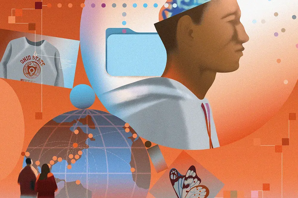 An illustration showing a person in a hoodie inside a large circular frame, surrounded by abstract shapes, a globe, a butterfly drawing, two people standing together, and an Ohio State shirt
