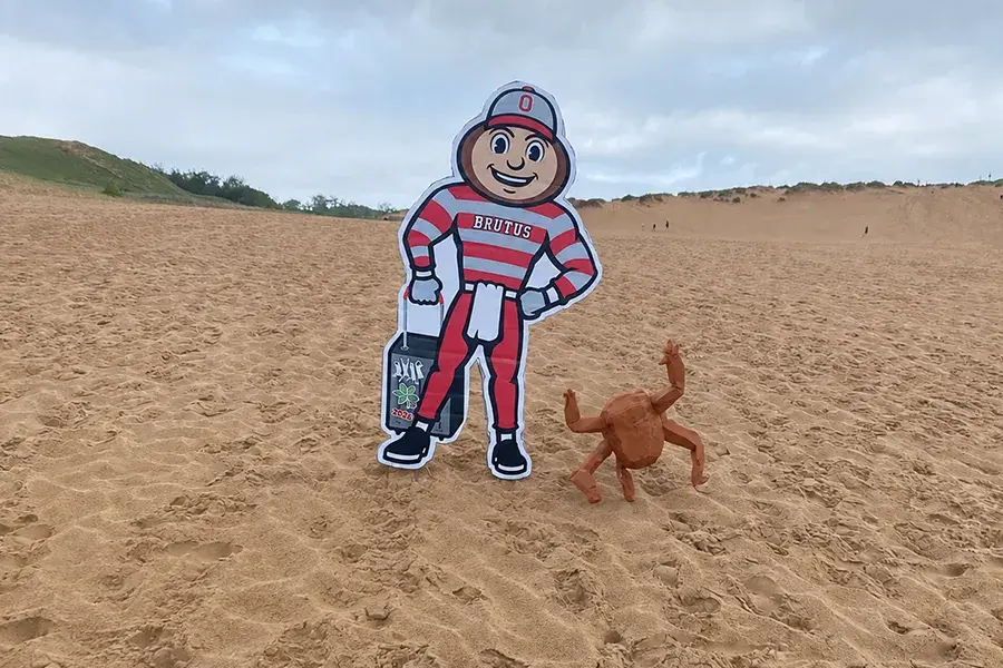 A cutout of Brutus Buckeye stands on a sandy dune next to a small crab sculpture, with rolling sand hills and a cloudy sky in the background.