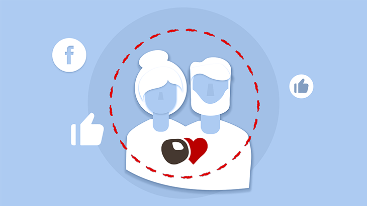 A graphic showing two characters with facebook like buttons around them