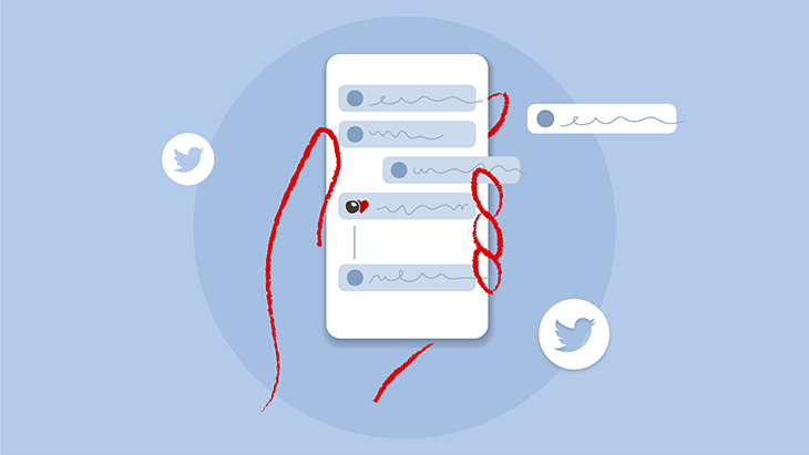 a graphic showing a hand gripping a cellphone with textboxes and twitter icons floating around it