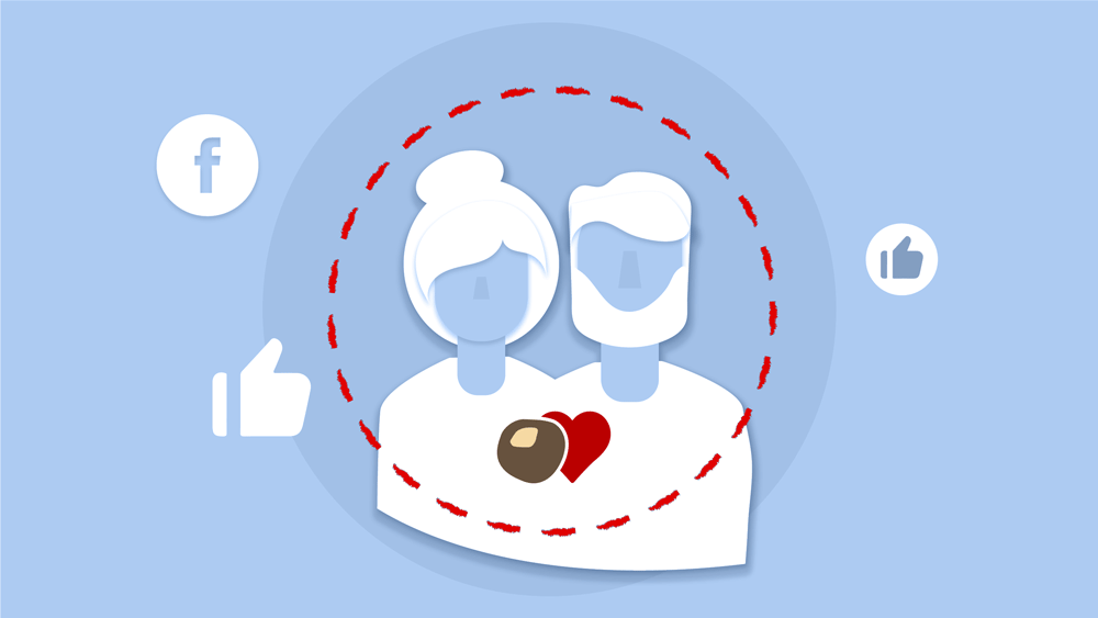 A graphic showing two characters with facebook like buttons around them