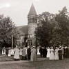 A crowd gathers outside Orton Hall for the chimes dedication in 1915.